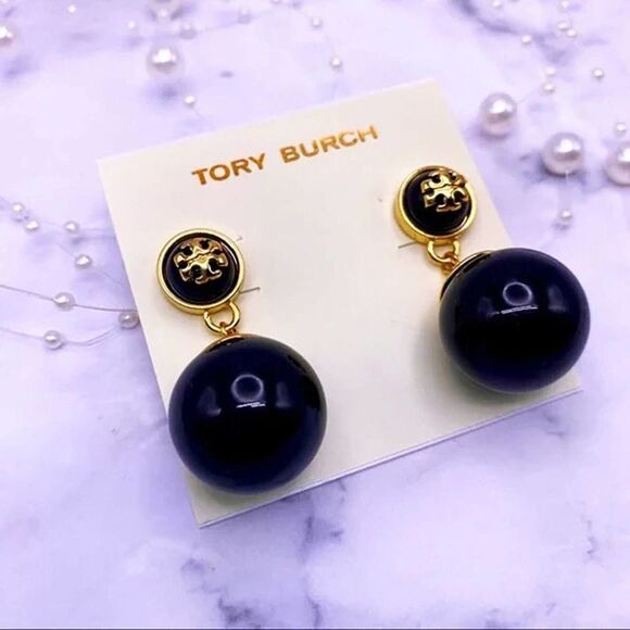 NWOT Tory Burch Gold Logo, Black Enamel Ball Dangle Stud Earings - Picture 7 of 9